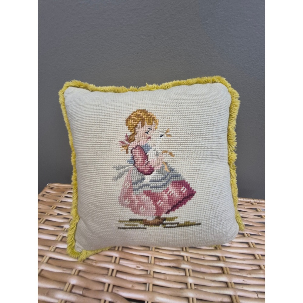 Vintage Needlepoint Girl with Lamb Throw Pillow Chartreuse Fringe Cottagecore